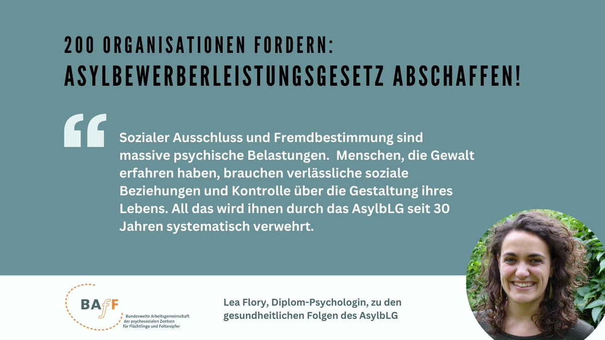 Seit 30 Jahren leben Asylsuchende in Deutschland unter menschenunwürdigen Bedingungen. 
Die Einschränkungen im AsylbLG machen krank und verursachen unnötige Gesundheits- und Verwaltungskosten. 
Unsere Forderungen zum 30. Jahrestag am morgigen 26. Mai: baff-zentren.org/aktuelles/disk…