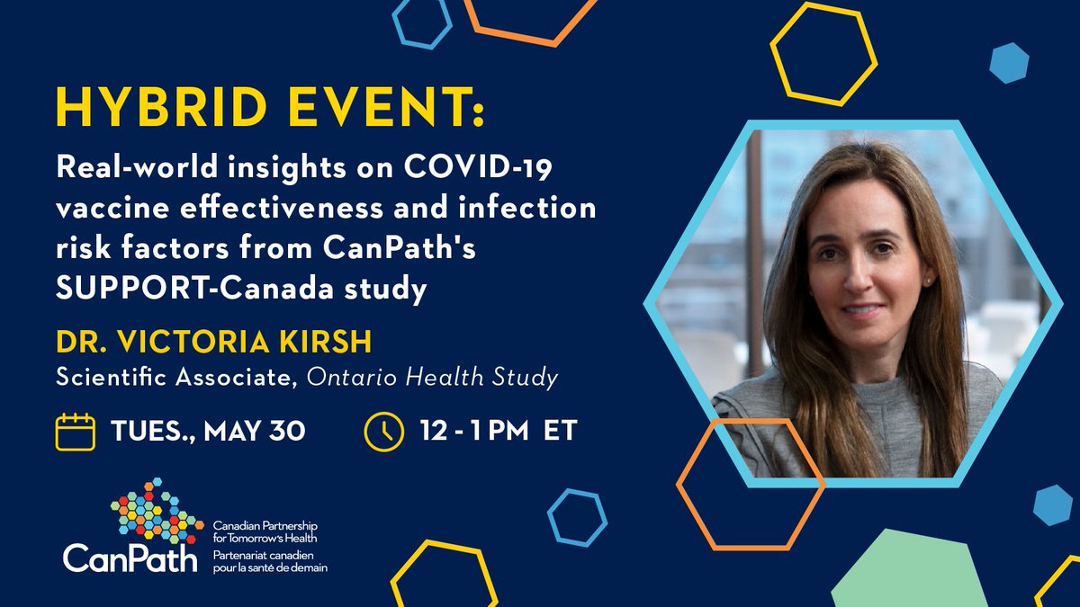 NEXT TUESDAY: Discover the latest insights on #COVID19 vaccine effectiveness!

👩‍🔬 Dr. Victoria Kirsh, <a href="/ON_HealthStudy/">Ontario Health Study</a> Scientific Associate &amp; <a href="/UofT_dlsph/">U of T Public Health</a> Assistant Professor
👨‍👩‍👧‍👦 Join at <a href="/UofT_dlsph/">U of T Public Health</a> or via Zoom
🗓️ May 30, 12-1pm ET

bit.ly/CanPathCOVIDEN