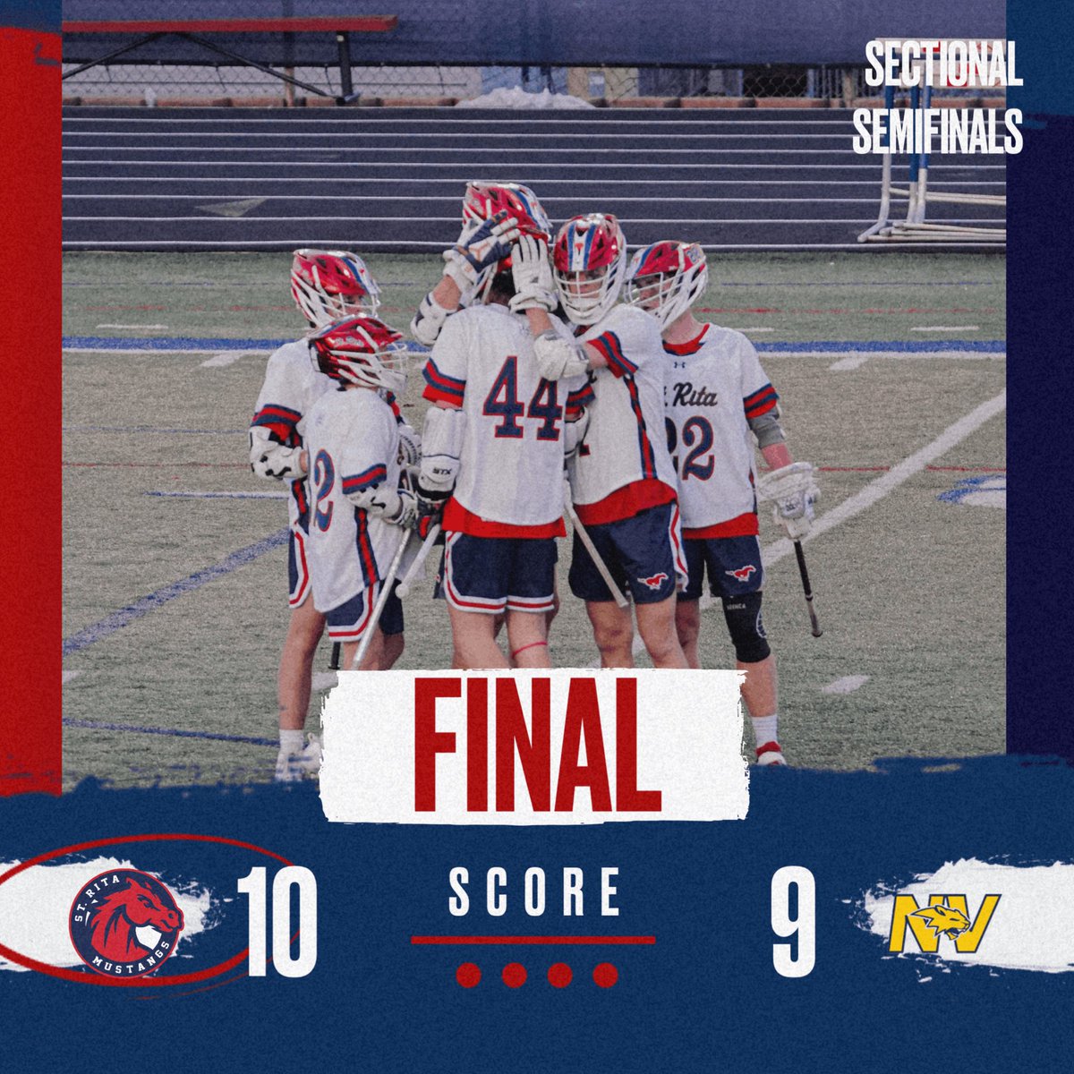 Final. What a comeback for the Mustangs! Down 8-2 going into halftime, the boys rally and out score the Wildcats 8-1 in the second half to win! What a game. Friday we play for the sectional title! #Shootyourshot #Stritalacrosse
