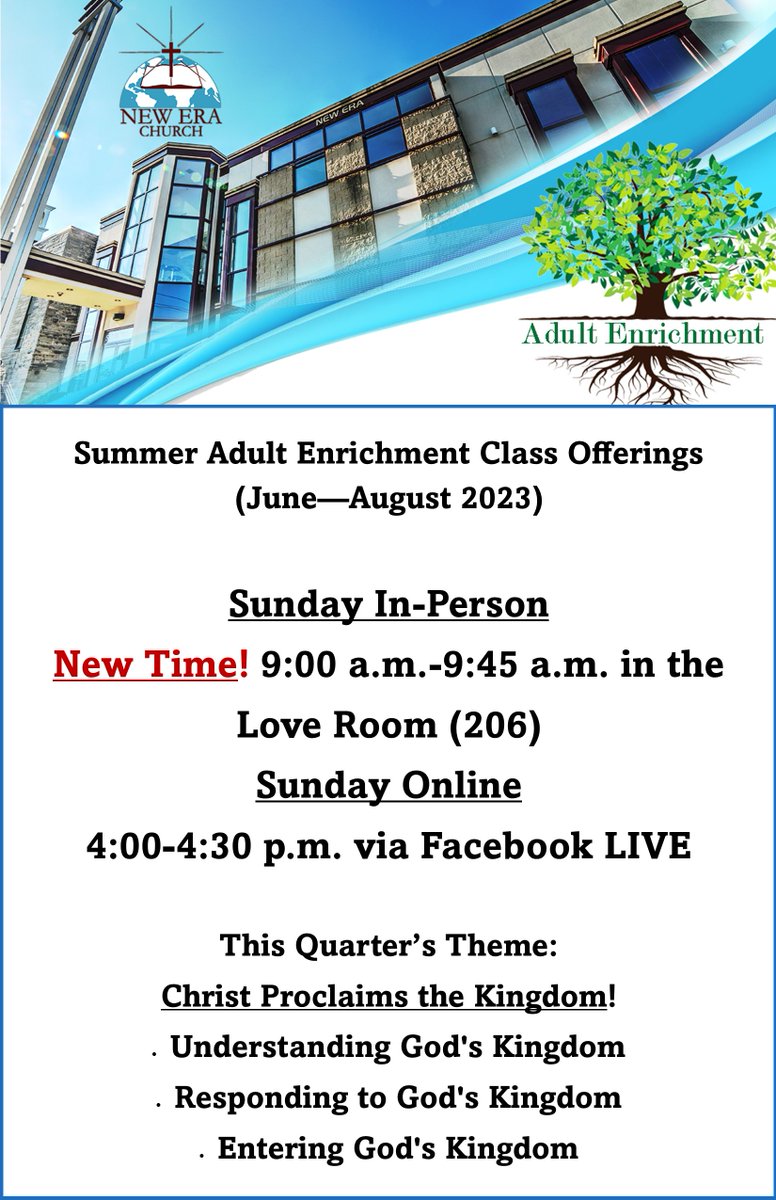 Participate in the NEC Adult Enrichment class in-person Sundays at 9 a.m. (NEW TIME!) beginning June 4! Or continue to catch the class at 4 p.m. on Facebook LIVE!