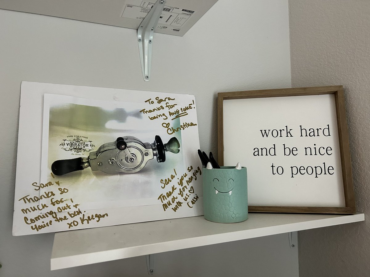 Of course the old school vibrator signed by the hosts of the @WorstDatePod is given a place of honor in my office. Bonus points to Christina for using a glue stick. #OutlierPodfest