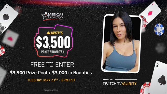 Alinity's $3.5K Poker Showdown starts in 2 hours! 

♠️ - $3,500 prize pool
♦️ - $3,000 in bounties
♣️