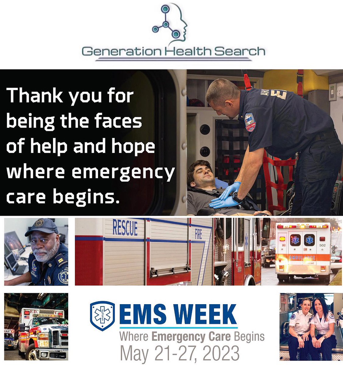 Happy EMS Week 2023.

#Generationhealthsearch
#healthcare #healthcareworkers #healthcarejobs #healthcareprofessional #physician #psychiatry #doctors #physicianrecruitment #NY #CT #PA #LCSW #GeneralSurgeons #Psychiatrists #natuonalEMSweek #EMSweek #emtlife