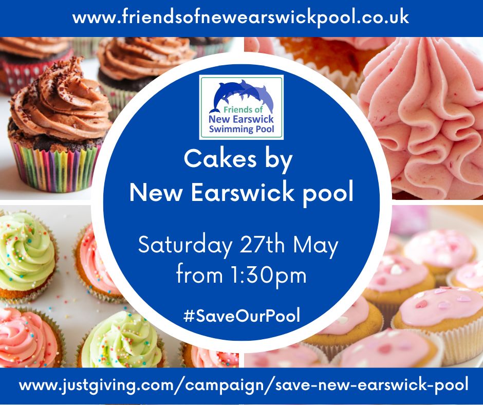 Cakes by New Earswick pool
Saturday 27th May from 1:30pm 
Outside New Earswick Swimming Pool
Loads of cake, Buns, Baking, Tea &amp; Coffee will be available! 
All profits go to their #SaveOurPool campaign. Initial target £50k (grand total of £250k) to improve the pool.
#York