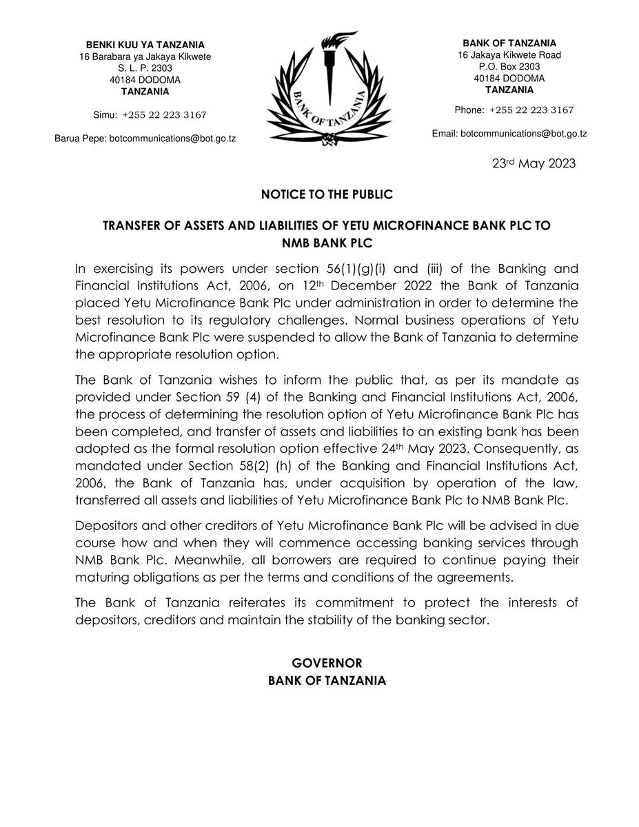Bank of Tanzania on Twitter "NOTICE TO THE PUBLIC TRANSFER OF ASSETS
