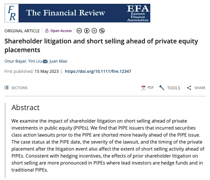 WesternUDANMOS's tweet photo. Professor Yini Liu has co-authored a new paper with Onur Bayar & Juan Mao titled "Shareholder litigation and short selling ahead of private equity placements."
https://t.co/zGgldDNy5E
#WesternU #DANMOS #OpenAccess #ShareholderLitigation #ShortSelling #PrivateEquity https://t.co/dWjFTXc6SK