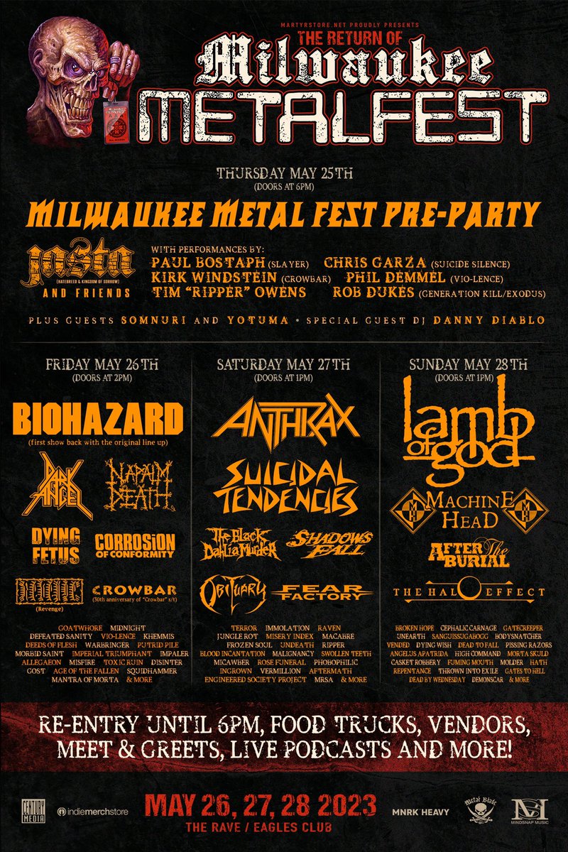 In case ya missed it! The festivities begin THURSDAY MAY 25th for @MKEMetalFest ! Sale ends tonight at Midnight so get your tix if you haven’t yet! therave.com/MetalFest See you in the pit!! @TimRipperOwens @PJDemmelition @rob_dukes @crowbarrules @DannyDiablo @CharlieBellmore