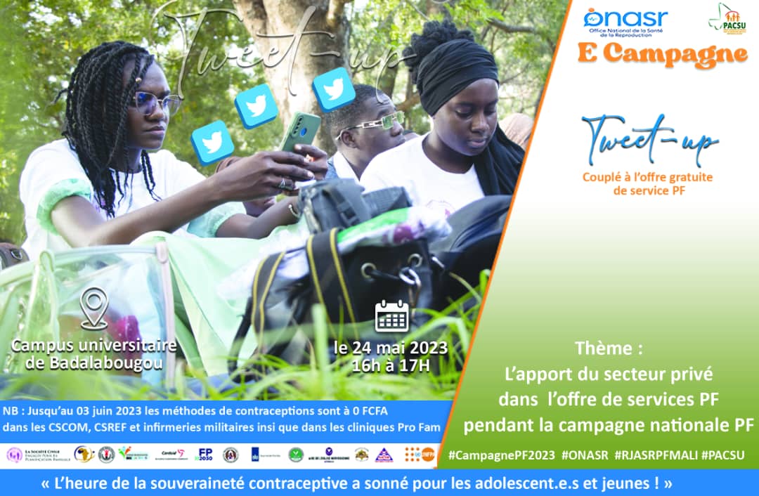 Rendez vous demain à 16h pour un tweetup sur L'apport du secteur privé dans l'offre de services PF pendant la campagne nationale PF.

#ONASR
#e_campagnepf2023 
#CampagnePF2023 
#RJASRPFMALI