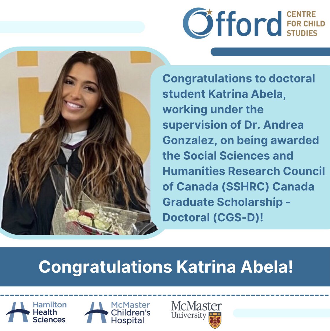 OffordCentre's tweet photo. Sending a huge congratulations to doctoral student Katrina Abela from the Strong Families Offord Centre research team on being awarded a Canada Graduate Scholarship (CGS-D)!
#cgsd #cgsd2023 #scholarship #award #doctoralstudent #research #SSHRC #canada #student #offordcentre https://t.co/nDJvcdq03S