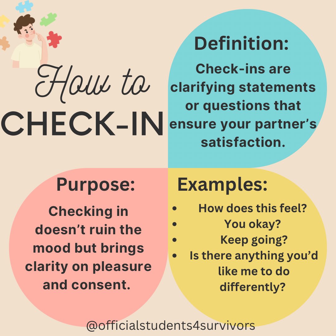 Are you checking in? I recommend checking in during intercourse to promote satisfaction and consent. 

Share for Others!

#SupportSurvivors #endrapeculture #students4survivors #sexualassaultprevention