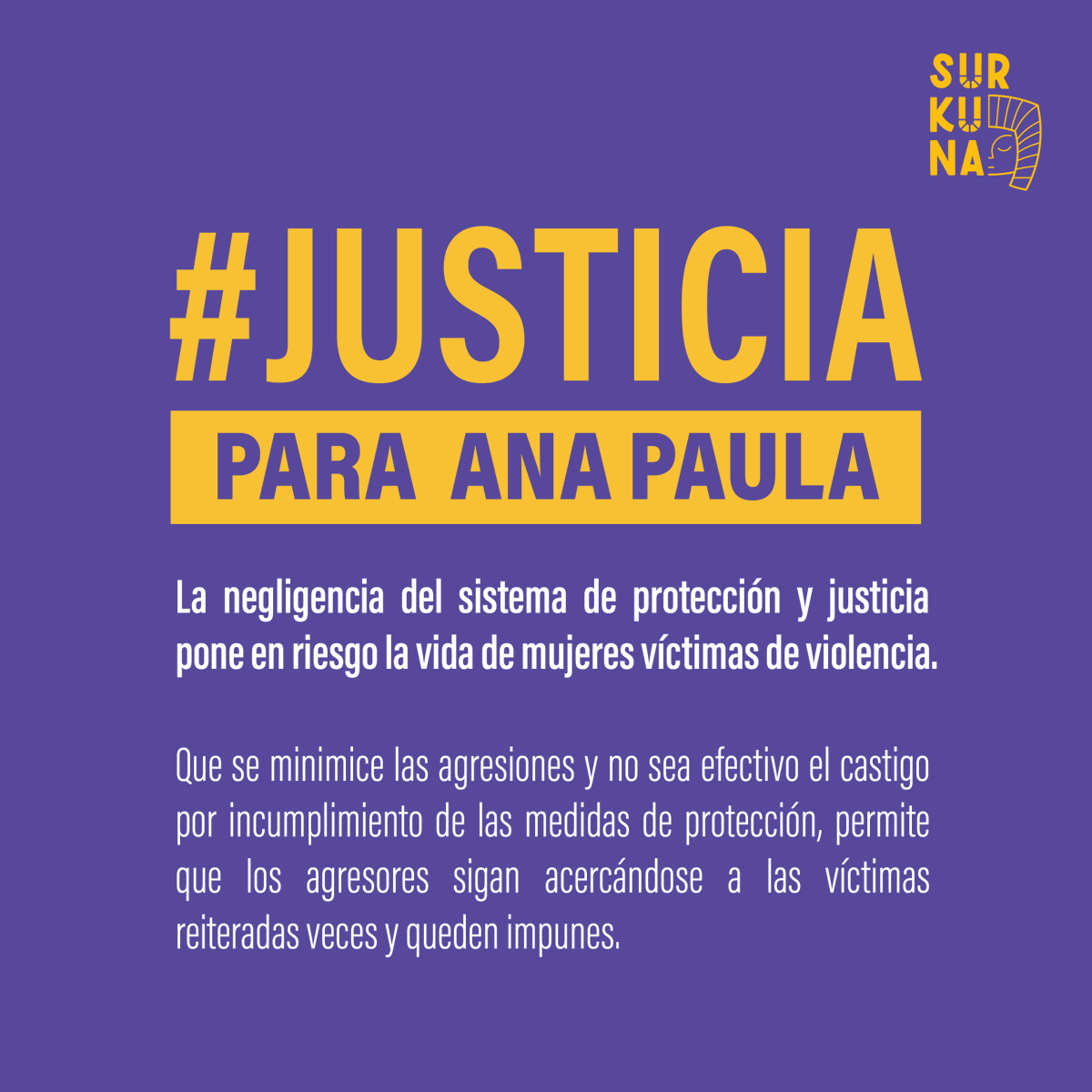 SurkunaEc's tweet photo. 📣 #JusticiaParaAnaPaula | La negligencia del sistema de protección y de justicia pone en riesgo la vida de mujeres víctimas de violencia. 

Minimizar y no hacer efectivo el castigo por incumplimiento de medidas de protección permite que los agresores queden impunes. https://t.co/Jq6hyHHNVy