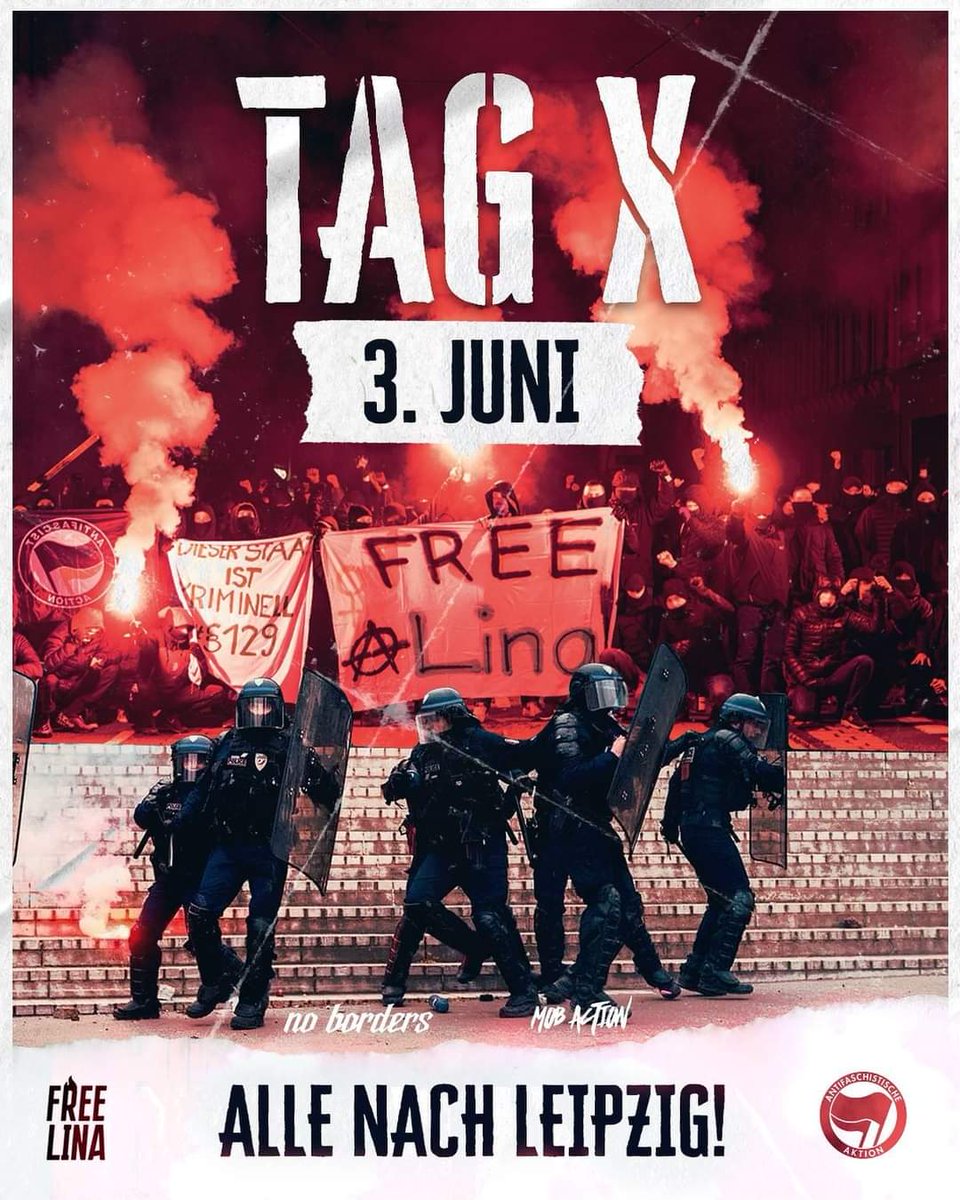 +++ Update +++
Aktuelle Terminplanung:
24. Mai - Letzte Plädoyers
31. Mai - Urteilsverkündung
03. Juni - Tag X

Macht euch bereit!

➡️ Alle Demos im Überblick: soli-antifa-ost.org/x
➡️ Folgt @tagXantifaost_2 für Infos zu Leipzig

#FreeLina #tagXantifaost #AntifaOst