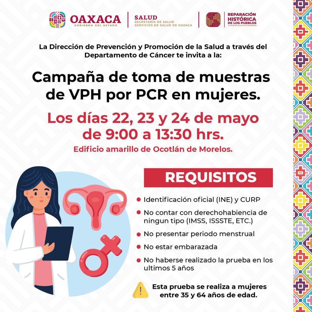 InformateOax's tweet photo. SSO_GobOax: Hazte la prueba para la detección de #VPH, es gratuita y segura. 

Recuerda que hoy puedes acudir hasta las 13:30 hrs en el edificio amarillo de 📍Ocotlán de Morelos. 

Date tiempo para cuidar de tu #salud. https://t.co/W81lMNVpXr
