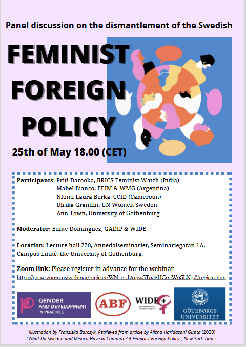 What are you up to this Thursday at noon (EST)? We're tuning into this panel on Sweden's #FFP!

Great to see Network steering committee member @mabelbianco joining @DarookaPriti-@BRICSFeminists, Nfomi Berka-@CCID_Official, @GrandinUlrika-@UNWOMENSweden & @AnnTowns3-@goteborgsuni.