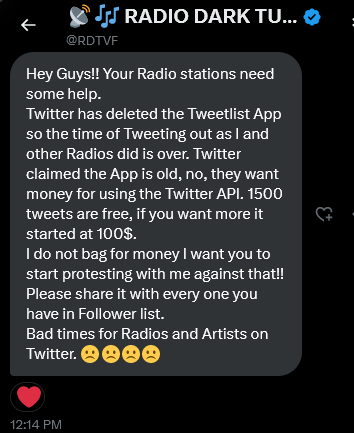 with twitter charging for API access, internet radio stations that support independent musicians both on the digital air waves and on twitter are in peril. join me in protesting @Twitter 's changes to the API in solidarity with internet radio stations like @RDTVF