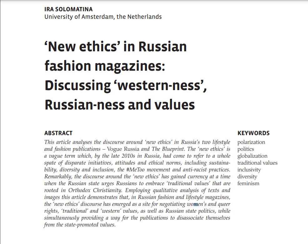 International Journal of Fashion Studies (@infs_journal) on Twitter photo Ira Solomatina analyses the discourses of 'new ethics' in #VogueRussia and #TheBlueprint How did these publications negotiate discourses of inclusivity, diversity and sustainability in light of the Russian state's emphasis on 'traditional values'? intellectdiscover.com/content/journa… Ira Solomatina analyses the discourses of 'new ethics' in #VogueRussia and #TheBlueprint How did these publications negotiate discourses of inclusivity, diversity and sustainability in light of the Russian state's emphasis on 'traditional values'? intellectdiscover.com/content/journa…