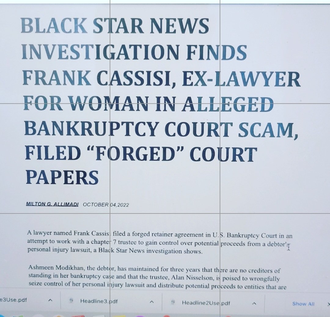 allimadi's tweet image. ONE deleted article is expose lawyer #FrankCassisi filing #forged #retainer Judge #MazerMarino #BankruptcyCourt Case 19-46591-JMM ignored forgery Cassisi now trying to collect $ PI case #706399/2015 @NYSCourtsNews Will Judge #Muir ignore forgery? Forged Retainer remains on docket