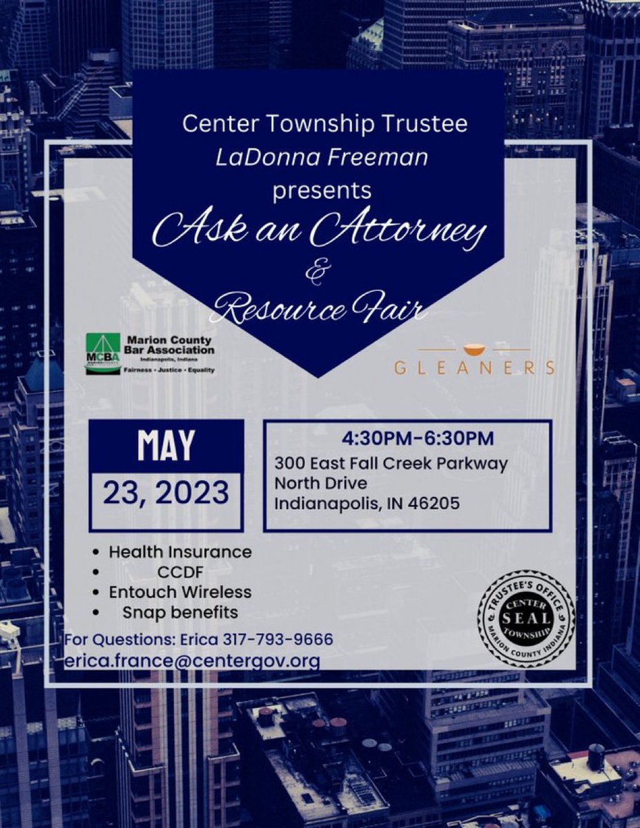 CenterTrusteeIN's tweet photo. Join us later today at 4:30 for our Ask an Attorney &amp; Resource Fair. We’ll be here until 6:30 connecting you to health insurance, CCDF, Entouch Wireless, and SNAP benefits. #CommunityEngagement #ResourceFair https://t.co/QBIuedDRRI