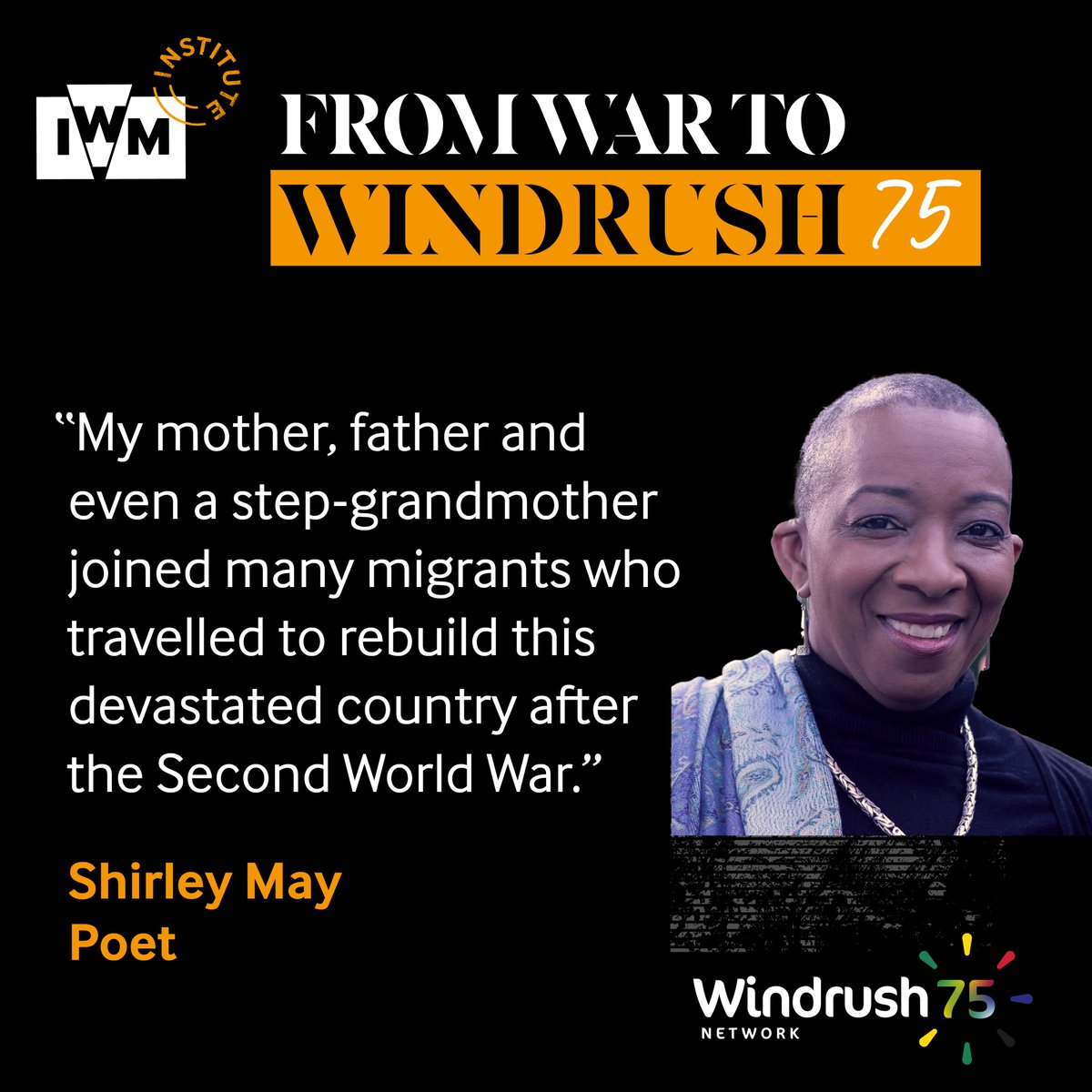 Hear poets <a href="/adjoseph/">Anthony Joseph</a> and <a href="/Thegirldreams/">Shirley A May</a> speak to author <a href="/Bonn1eGreer/">Bonnie Greer</a> about Black British poetry &amp; the power of the spoken word in IWM’s LIVE EVENT, 'From War to Windrush 75', Sat 17 June, 2pm - 8pm in partnership with @75Windrush 
Book Now! iwm.org.uk/events/war-to-… #Windrush75