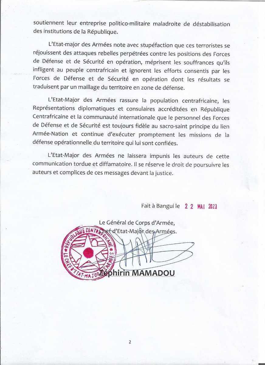 L'Armée Nationale réfute l'info sur l'existence du Collectif des Officiers Libres des FACA. 

@GouvCF @FA_Touadera @UN_CAR @RCA_CAR @MSPCentrafrique #Centrafrique #CARcrisis #RCA @MediasOubangui