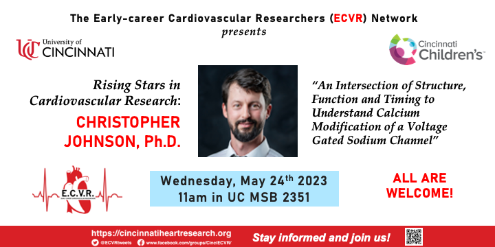 Early-Career Cardiovascular Researchers (ECVR) (@ecvrtweets) on Twitter photo We're excited to host Chris Johnson from <a href="/msstate/">Mississippi State</a> for our next "Rising Star in Cardiovascular Research" seminar! <a href="/UCResearch/">University of Cincinnati Office of Research</a> <a href="/CincyChildrens/">Cincinnati Children's</a>
~~Join us TOMORROW (5/24) at 11am in Medical Sciences Bldg Rm 2351 for great discussion about atoms, hearts and health! We're excited to host Chris Johnson from <a href="/msstate/">Mississippi State</a> for our next "Rising Star in Cardiovascular Research" seminar! <a href="/UCResearch/">University of Cincinnati Office of Research</a> <a href="/CincyChildrens/">Cincinnati Children's</a>
~~Join us TOMORROW (5/24) at 11am in Medical Sciences Bldg Rm 2351 for great discussion about atoms, hearts and health!