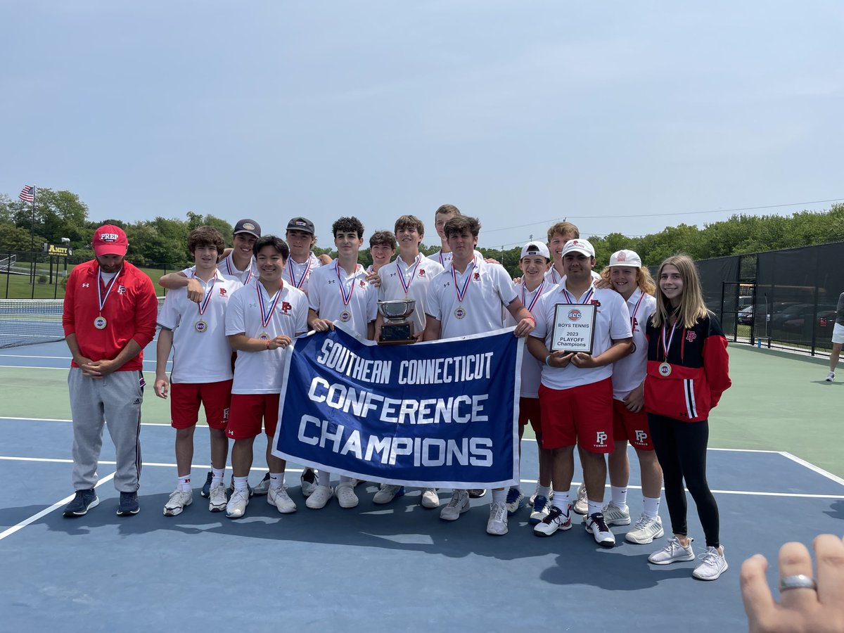 SCCcommissioner's tweet photo. Congrats ⁦@FPrepAthletics⁩ - 2023 SCC Boys Tennis champions.  The Jesuits defeated five-time defending champion ⁦@HandTigers⁩, 5-2 #ctten #SCC https://t.co/oqFZDEXXDW