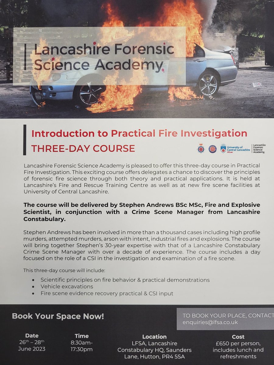 Lancashire Forensic Science Academy (@lancsfsa) on Twitter photo Last few remaining spaces on next month's PRACTICAL FIRE INVESTIGATION training course. This 3 day practical course is delivered by Steve Andrews, Fire Scientist on 26th-28th June 23. Book your space now! Enquiries@lfsa.co.uk <a href="/RSSS_PeteArnold/">Peter Arnold</a> <a href="/FCNnetwork/">Forensic Capability Network (FCN)</a> <a href="/NCA_UK/">National Crime Agency (NCA)</a> <a href="/CharterForSci/">CSoFS</a> Last few remaining spaces on next month's PRACTICAL FIRE INVESTIGATION training course. This 3 day practical course is delivered by Steve Andrews, Fire Scientist on 26th-28th June 23. Book your space now! Enquiries@lfsa.co.uk <a href="/RSSS_PeteArnold/">Peter Arnold</a> <a href="/FCNnetwork/">Forensic Capability Network (FCN)</a> <a href="/NCA_UK/">National Crime Agency (NCA)</a> <a href="/CharterForSci/">CSoFS</a>