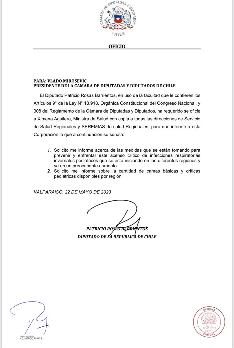 patriciorosas's tweet photo. ¡ATENCIÓN! He oficiado al @ministeriosalud, SEREMIAS y Direcciones de Servicio de Salud, por el preocupante incremento de las emergencias pediátricas por infecciones respiratorias. La situación en las regiones del sur va en aumento y mucha de nuestras urgencias ya no dan abasto. https://t.co/dEw40GEGWG
