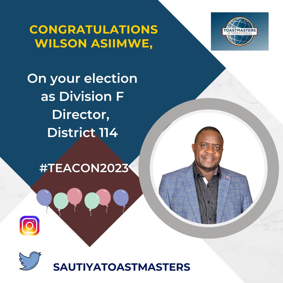 SautiyaTM's tweet photo. Congratulations to Wilson Asiimwe,  Newly elected Division F Director. Great strides!
#TEACON2023
#SAUTIYATOASTMASTERS https://t.co/pApWbmJF40