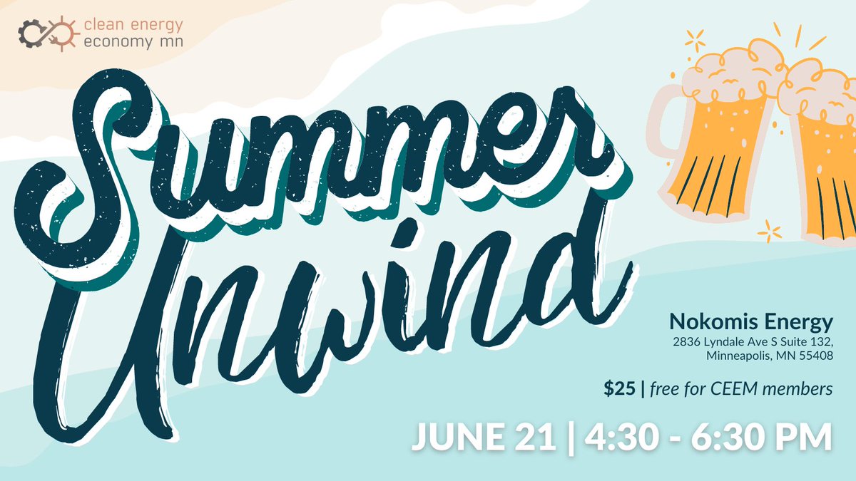 🍻 YOU'RE INVITED: Join us at <a href="/NokomisEnergy/">Nokomis Energy</a> on June 21 from 4:30 - 6:30 PM as we debrief the 2023 #mnleg session &amp; unwind with drinks, apps &amp; networking!

🎟️ $25 | FREE for CEEM-members
⭐ Register today ➡️ bit.ly/433Z0iw