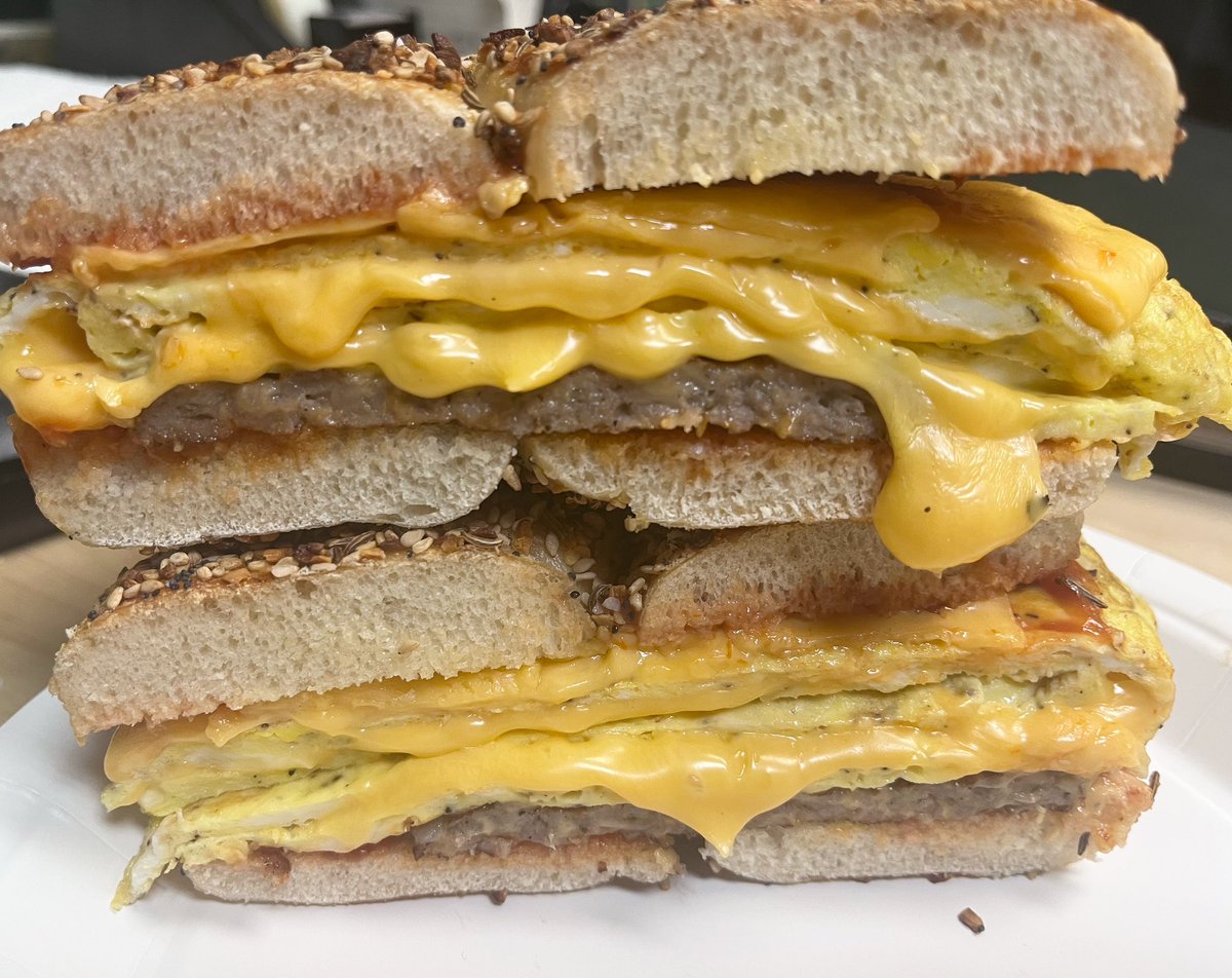 Nothing like extra cheesy goodness in a sausage egg and cheese on an Everything flat!
