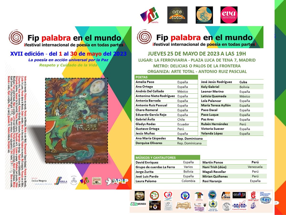 evArganzuela's tweet photo. Amigxs este próximo 25 JUEVES EN VERSO va a ser especial!!! ARTE TOTAL *organiza el *Festival Internacional de Palabras del Mundo*. en España fusionándose con @PcsurEspaña , donde hablaremos del valor de la palabra a las 19h en @LaFerroviaria_ #EVAsigue #REDlocal https://t.co/QtS1oH2IIV