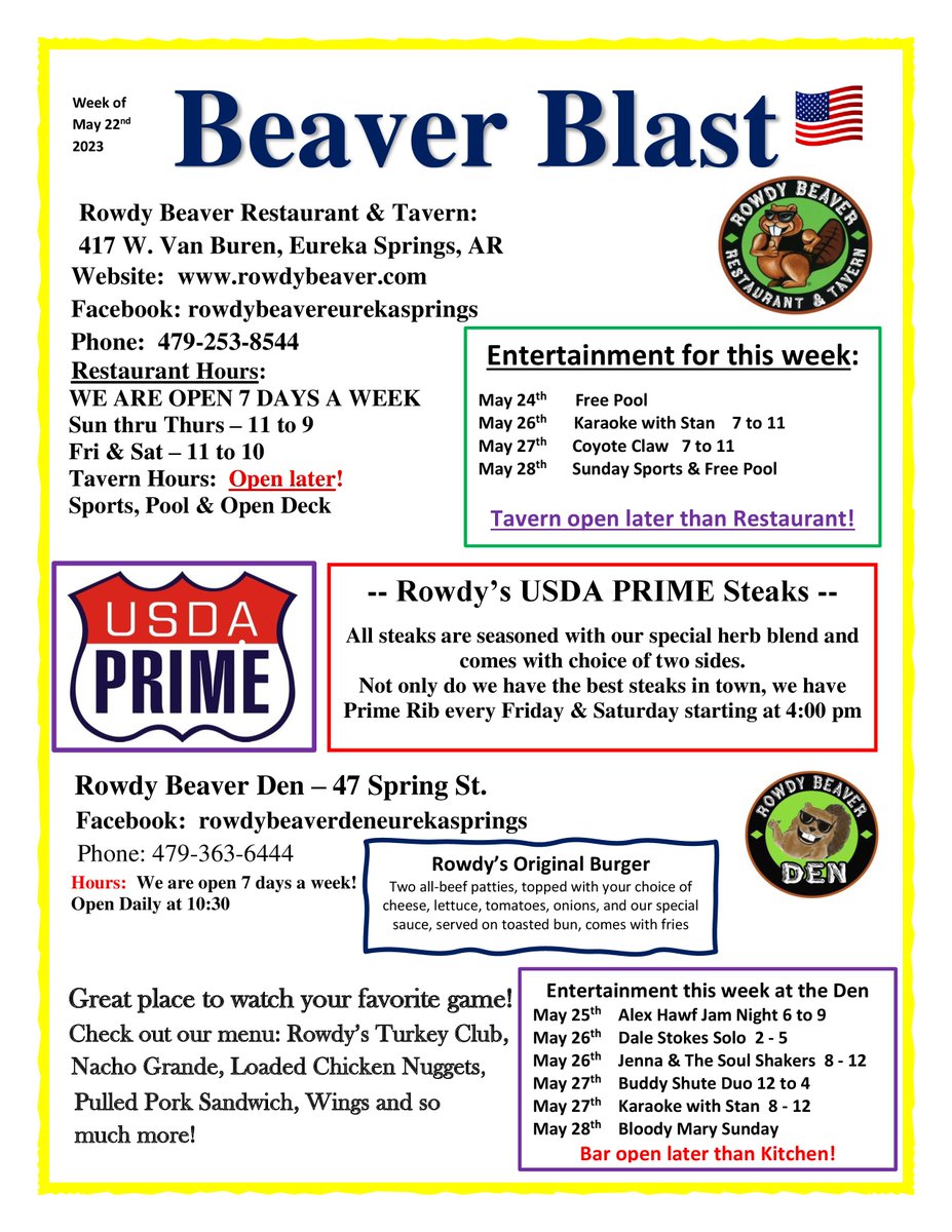 RowdyBeaver_ES's tweet photo. This week's Beaver Blast!! AND we're having a HUGE SALE on merchandise! Check it out in-store and online at https://t.co/7jNcm7Xrax

#GetRowdy #HUGESALE #eurekasprigns #rowdybeaver #merchsale https://t.co/XYeqqM6a0u