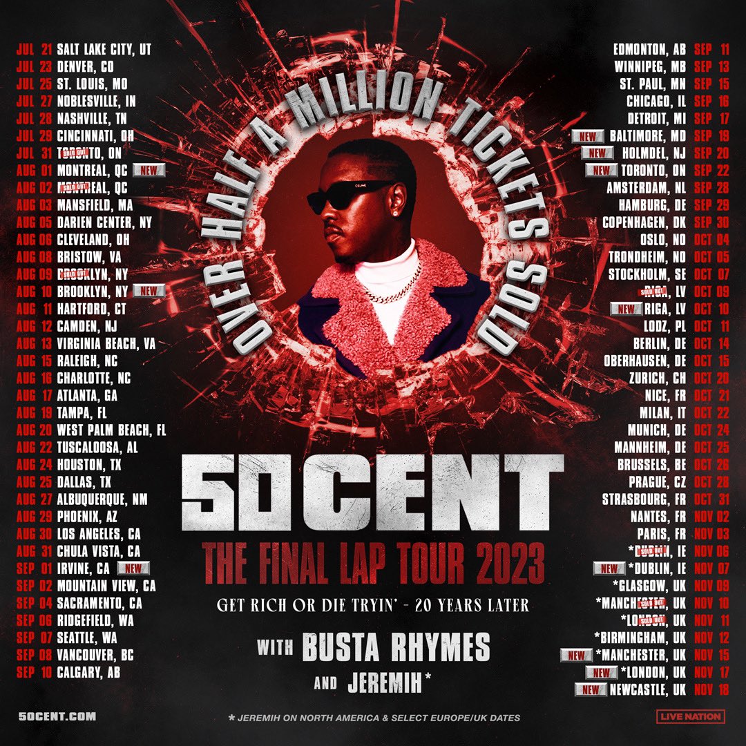 They keep coming! SOLD OUT show and adding MORE DATES to THE FINAL LAP TOUR with me, @50Cent and Busta Rhymes – also hittin’ some EU/UK dates with the fellas, see you out there! Pre-Sales for New Shows Start May 24 - General On-sale Begins May 26 at 10AM Local Time.