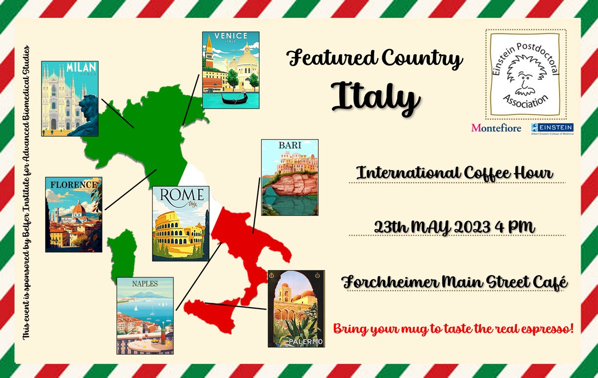Join us today for International Coffee Hour!   

Featured Country: Italy   

Stop by for snacks and to taste real espresso!!  

When: Tuesday, May 23rd, 2023 – 4:00 PM   
Where: Forchheimer Main Street Café
