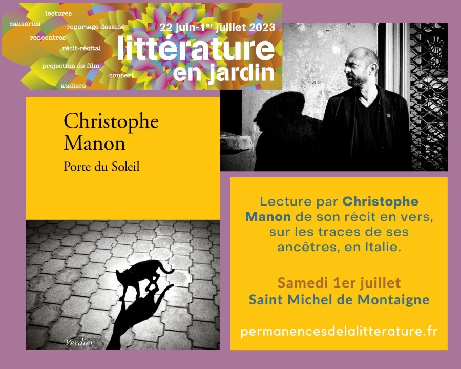 🌿 Festival Littérature en jardin 2023 🌳

Il est ce soir l'invité de la @maisondelapoesie et il sera l'un de nos invités pour la clôture du festival !

📖 Sur les terres de Montaigne, @christophe_manon_cm proposera une lecture d'extraits de Porte du so… instagr.am/p/Csl3F1NoXLp/