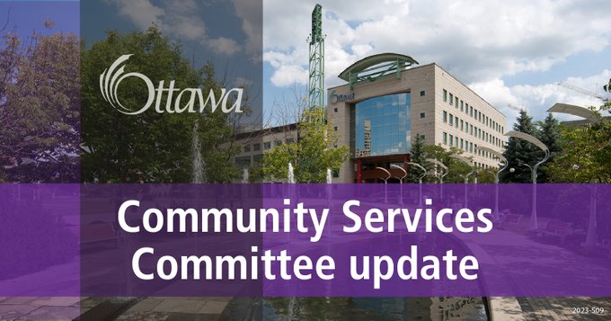 A graphic with Ottawa City Hall is in the background. A vertical grey stripe and a horizontal purple stripe are in the foreground with "Community Services Committee " in the centre.