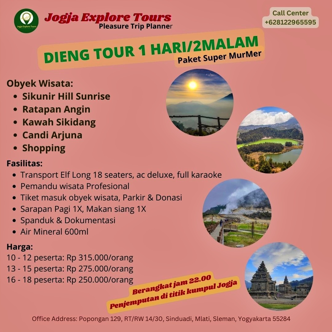 JogjaExplore's tweet photo. Paket hemat wisata Dieng selama 1H/2M. Obyek wisata: Puncak Sikunir sunrise, Ratapan Angin, Kawah Sikidang, Candi Arjuna. Admin
Info lebih detil klik https://t.co/jLjSy3lWRd
#pakethemat #wisata #dieng #sikunir #ratapanangin #kawahsikidang #candiarjuna #jogjaexploretours https://t.co/PwAaxfdi5d