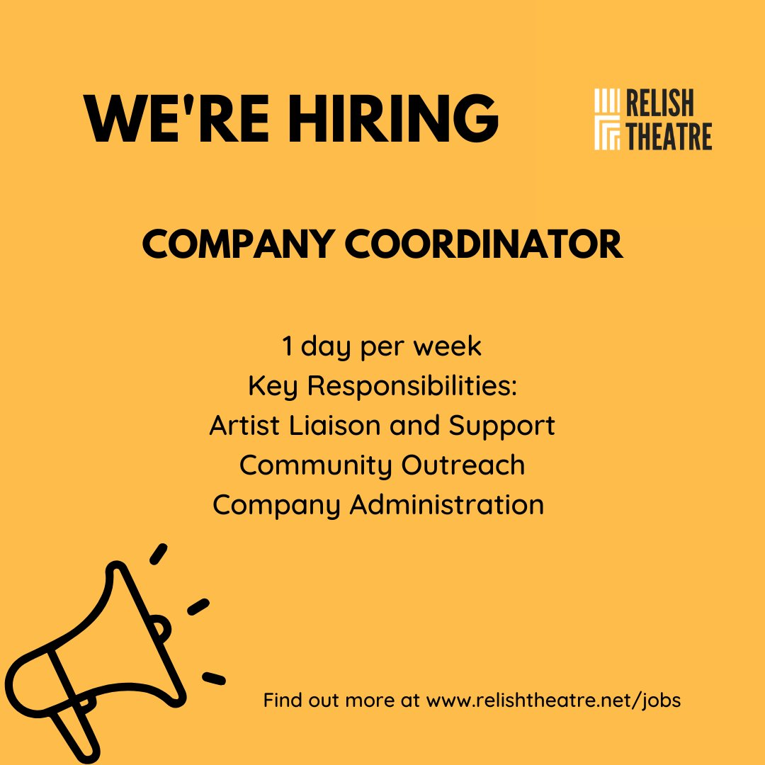 ‼️We're hiring!‼️
We're looking for a proactive person to join our growing team.
If you have an interest in artist support, community outreach &amp; experience of company administration then we'd love to hear from you. Read the full job description here: relishtheatre.net/jobs.
