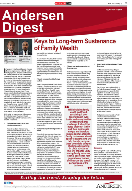 AndersenNigeria's tweet photo. We are pleased to share our latest article ''Keys to Long-term Sustenance of Family Wealth'' by Suleiman Yahaya, Partner and Agbunnorh Anozie, Senior Associate, Private Clients &amp; Family Wealth Group.

https://t.co/0Bkqn7XVFB

#FamilyWealth #Wealth https://t.co/a7JXsDAOKe