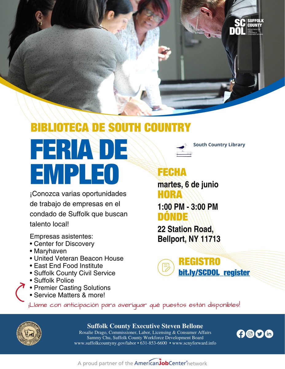 SuffolkLabor's tweet photo. Join us for a job fair event at South Country Public Library to meet with various businesses about their employment opportunities!
Tuesday, June 6th at 1:00pm
To register, visit: https://t.co/vmnYgQSCVV
#JobFair #Hiring #Career #Opportunity #SucceedInSuffolk https://t.co/mBnMEH8tcn