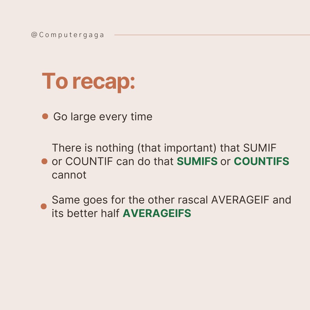 Computergaga1's tweet image. Stop using SUMIF and COUNTIF today. Go large and throw the S on the end. SUMIFS and COUNTIFS do what they do and MORE #excelfunctions
