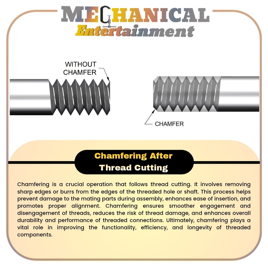 MechanicalEnte1's tweet photo. Did You Know ???
The chamfering is an essential operation after Thread cutting.

#mechanicalentertainment #kunalmendhe  #mechanical #manufacturingprocess #production #productionprocess #productionengineering #boring #drilling #threadcutting #chamfering #roughturning #knurling https://t.co/AjaDPAci8x