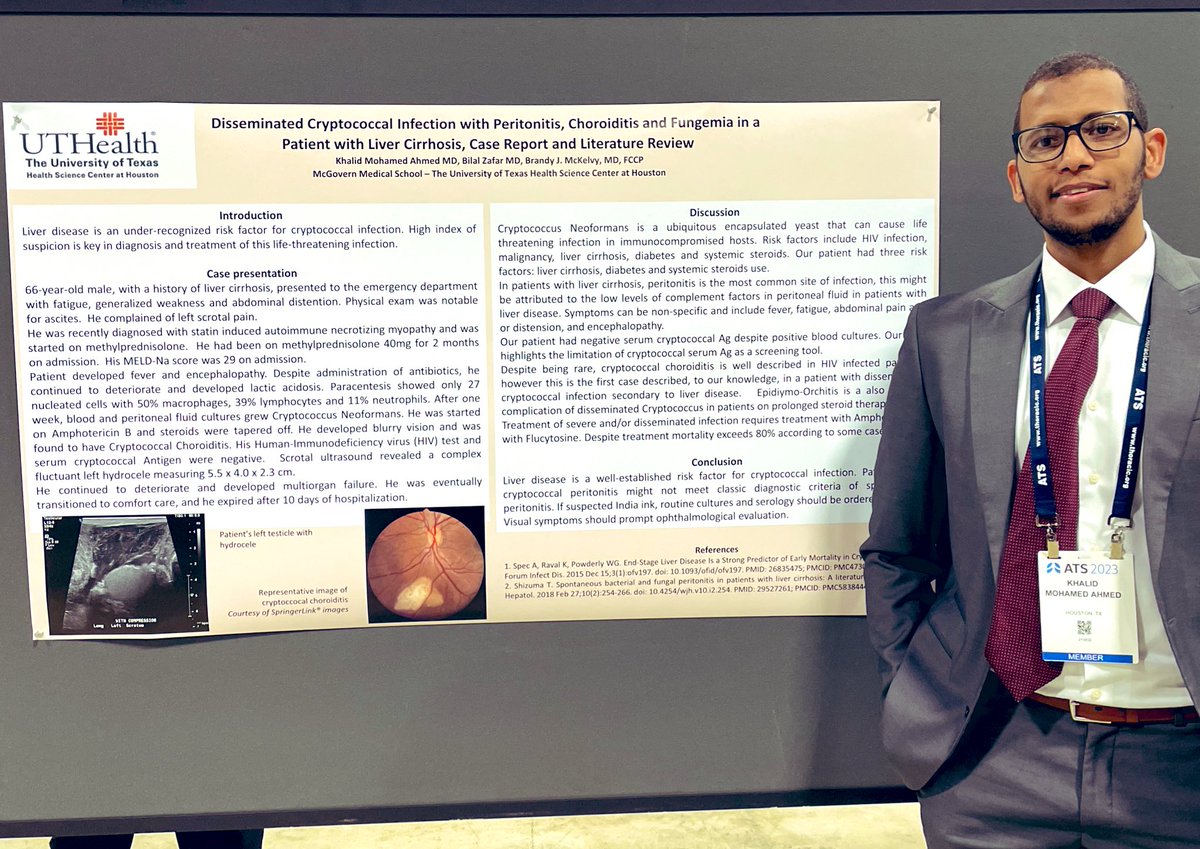 McGovernPulmCC's tweet image. Dr Khalid Ahmed  presenting #MedEd #PCCM on disseminated #Cryptococcal     #ATS2023 @bilalzafar2002 with Dr McKelvy #Mentorship