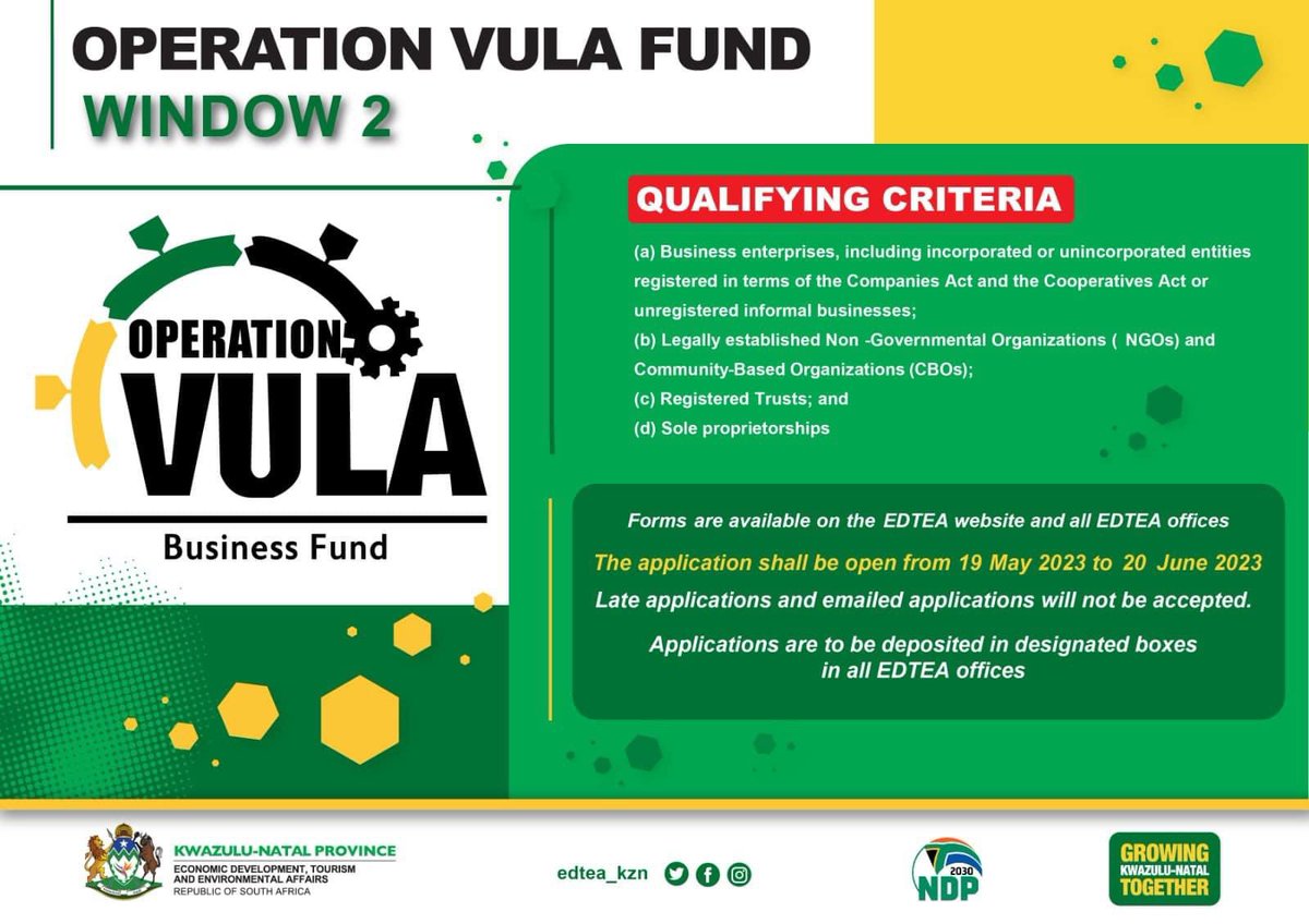 OPERATION VULA FUND WINDOW 2 ‼️

The second phase of the business funding initiave led by <a href="/edtea_kzn/">EDTEA KZN</a> is now officially open for applications.

#OVFWindow2
#GrowingKZNTogether
#LeaveNoOneBehind