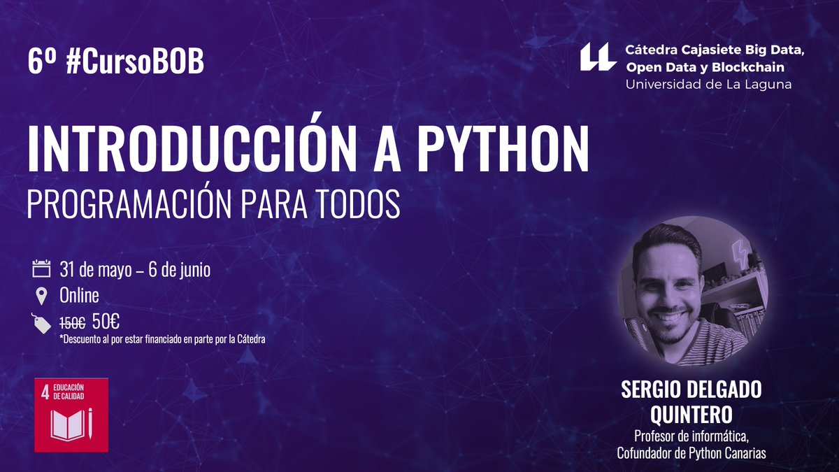 CatedraBOB's tweet image. 2ª Edición del curso de Python

Tras el buen recibimiento del curso de Python del año pasado hemos vuelto con una nueva edición

@sdelquin nos explicará desde cero el lenguaje de programación más popular en el análisis avanzado de datos:

sede.fg.ull.es/es/curso/detal… 

@ULL @fg_ull