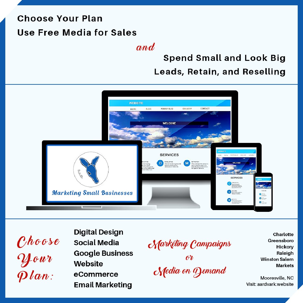 Spend Small Look Big. Digital Marketing for small businesses with website, social media, email marketing. Choose your plan & set your budget. #digitaldesign #lakenorman #charlotte #hickory #raleigh #spa #handyman #furniture  #doctor #aesthetics
