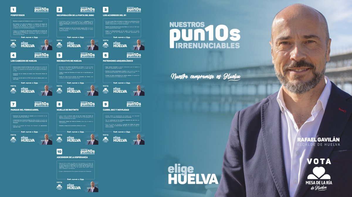 Estos son nuestros 10 puntos irrenunciables. Si Mesa de la Ría no obtiene la alcaldía quién quiera ser alcalde o alcaldesa con los votos de Mesa de la Ría tendrá que firmarlos.

Más información: mesadelaria.es/huelva/?p=6002

#eligehuelva
VOTA MESA DE LA RÍA