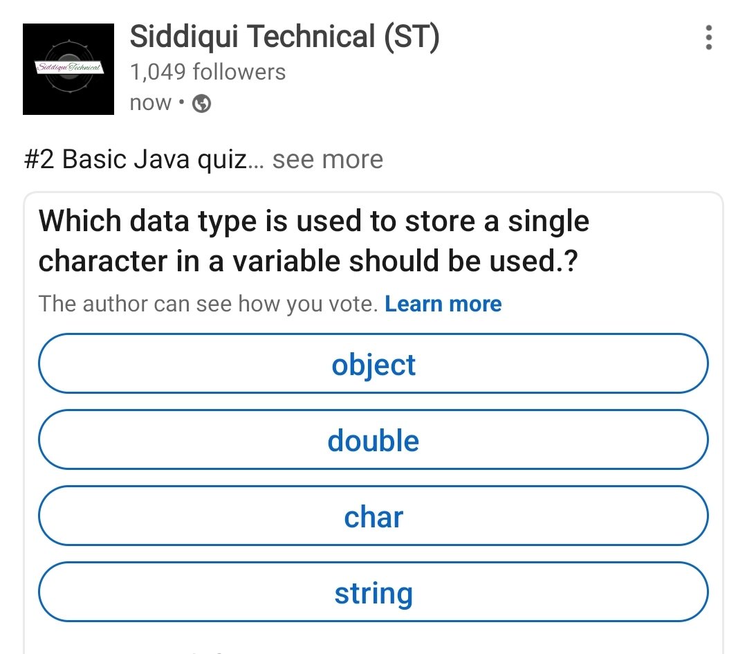 SiddiquiT_ST's tweet image. Test your knowledge
#siddiquitechnical #java #javaquestion #python #javascript #programming #coding #html #programmer #developer #css #code #coder #php #software #computerscience #webdeveloper #webdevelopment #softwaredeveloper #codinglife #technology #webdesign #android