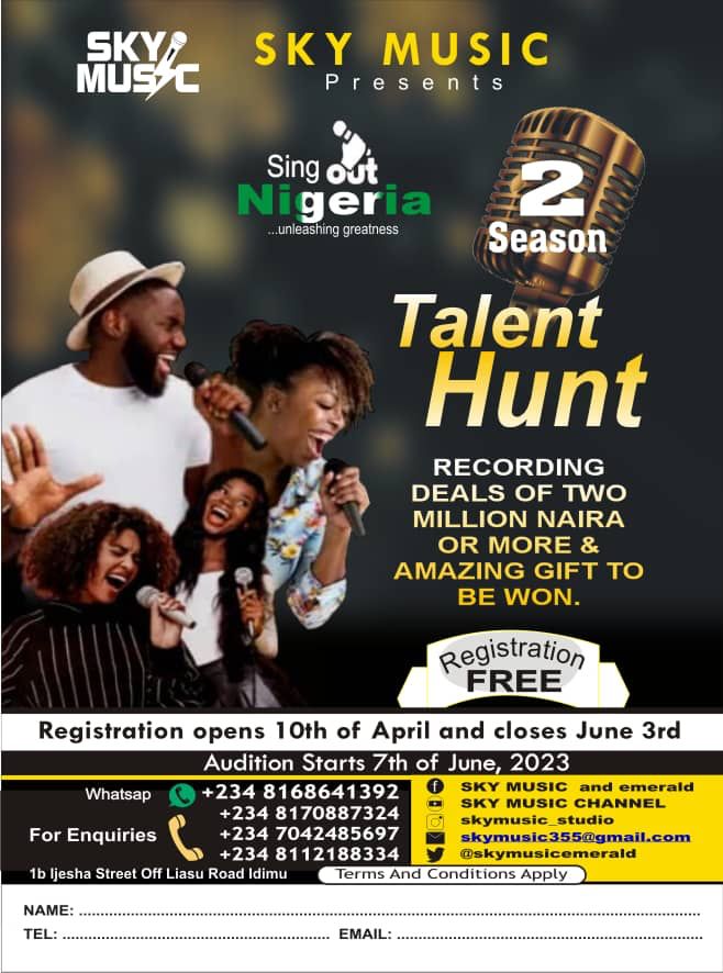 SkyMusicEmerald's tweet photo. 15 DAYS TO THE AUDITIONS 
7th JUNE 2023

REGISTRATION IS FREE

LOCATION -  1b Ijesha Street off Liasu Road , Lagos Nigeria 

Contacts
Hotline: +2348170887324
WhatsApp : +2348168641392 https://t.co/oEvwCoH5gM